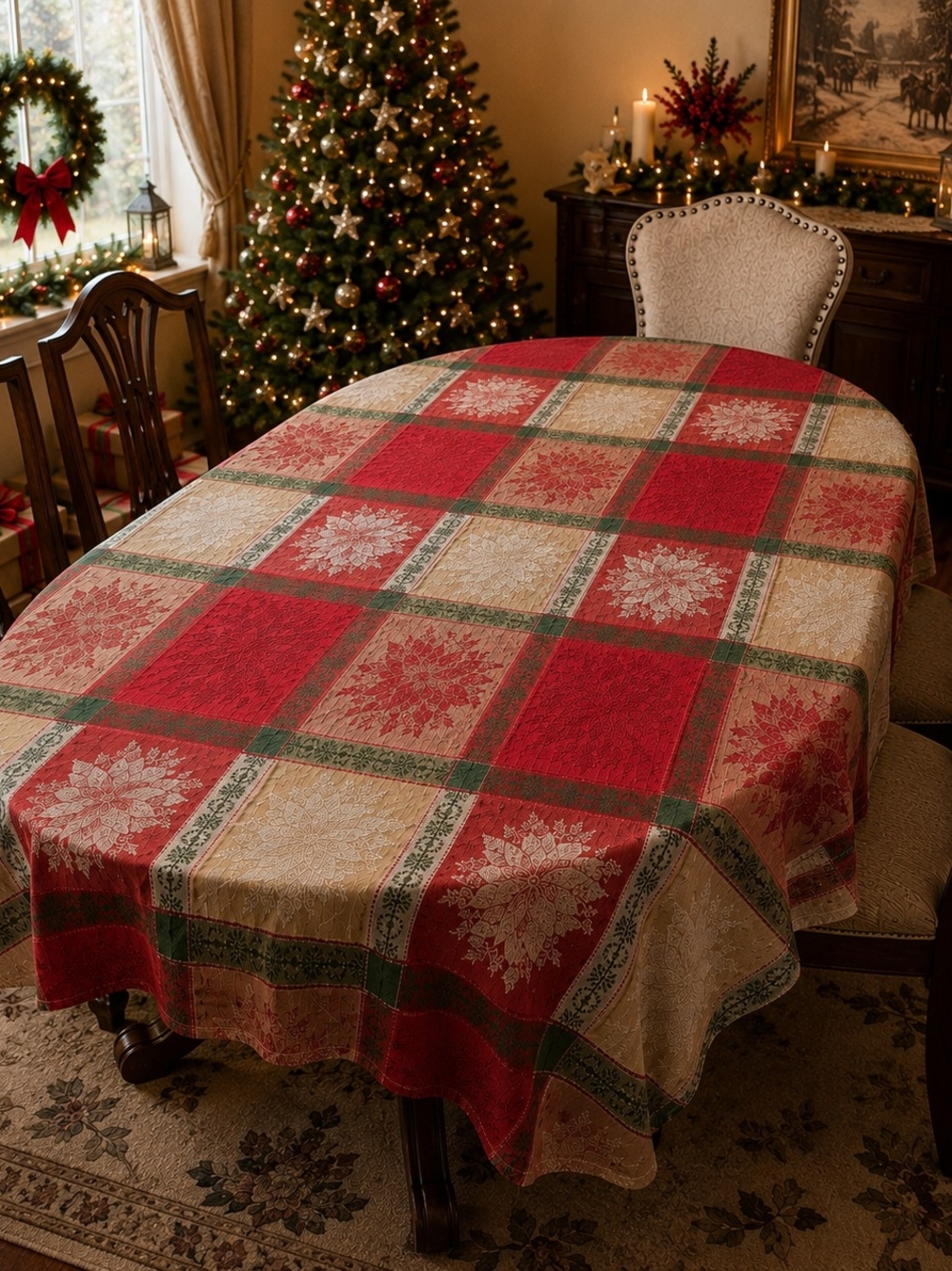 Winter Wonderland Christmas Poinsettia Jacquard Tablecloth 84 x 53